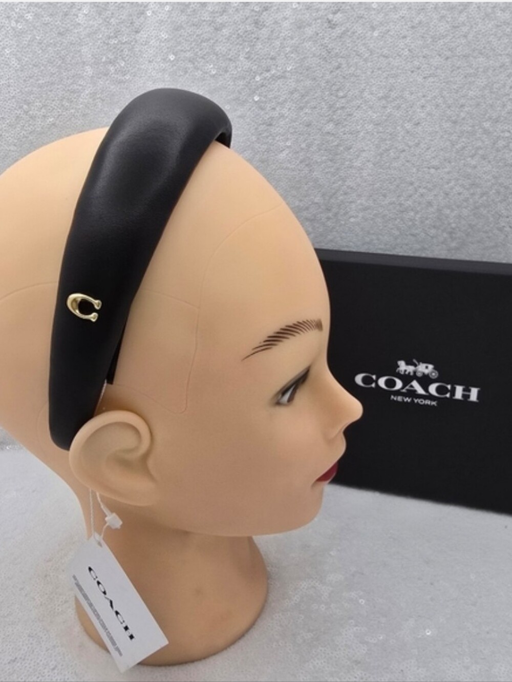 Coach Black Leather Headband Classic Preppy in Coach Gift Box